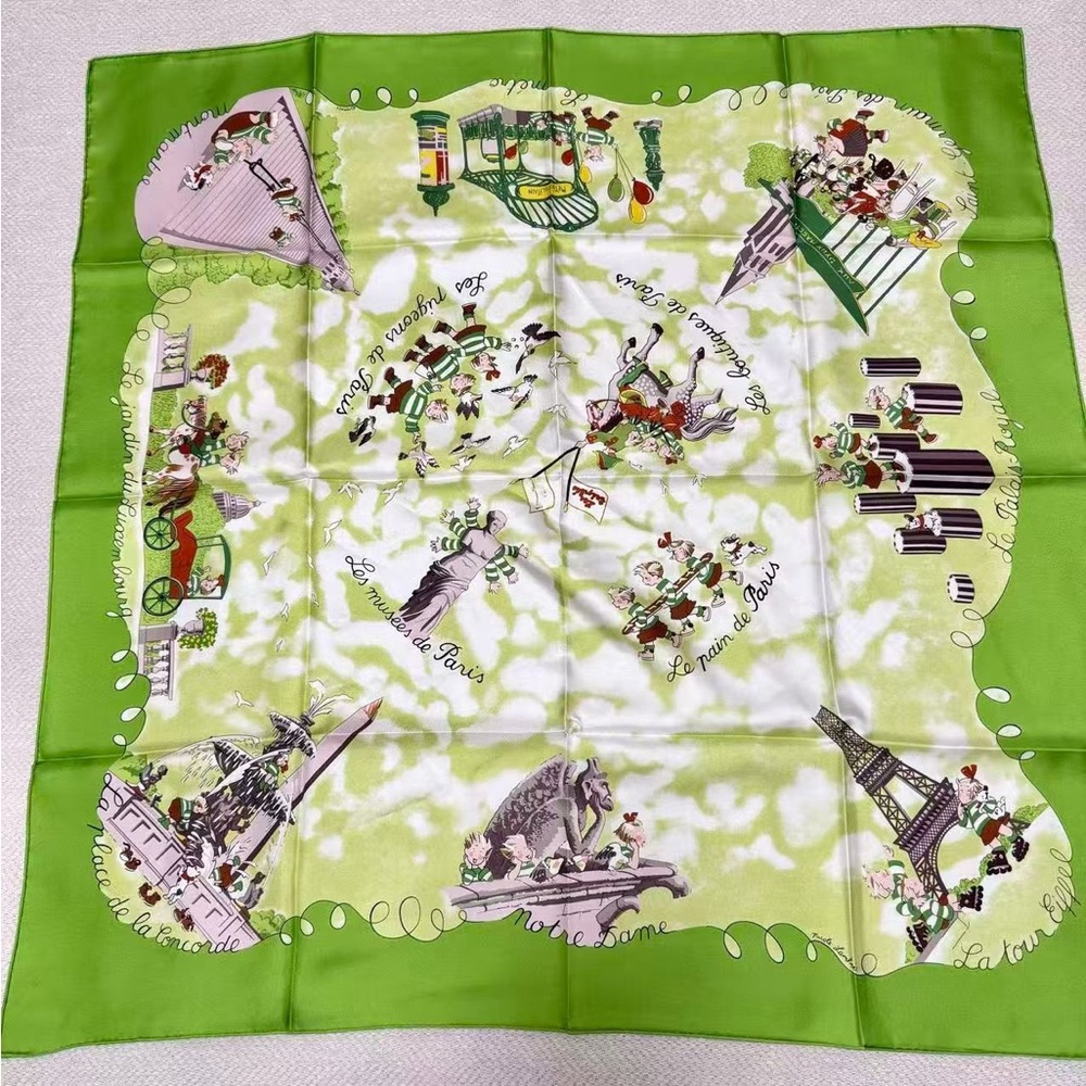 Green Paris-Themed Silk Scarf